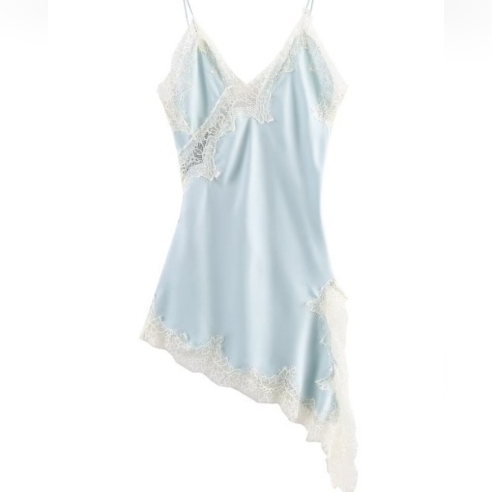 Light Blue Lace-Trim Satin Camisole Slip